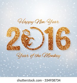 Cute New Year postcard with golden text, year of the monkey, year 2016 design, vector illustration