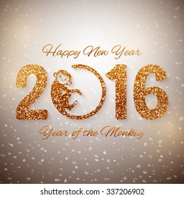 Cute New Year postcard with golden text, year of the monkey, year 2016 design, vector illustration