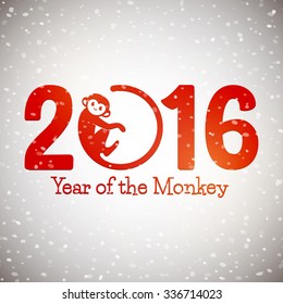 Cute New Year postcard with monkey symbol on snow background, year of the monkey 2016 design, vector illustration