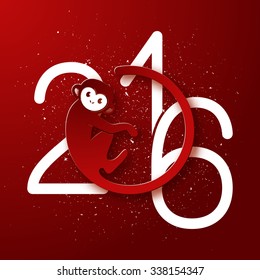 Cute New Year postcard with monkey symbol on red background, year of the monkey 2016 design, vector illustration