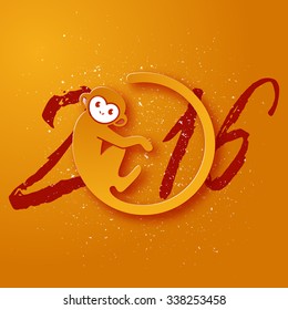 Cute New Year postcard with monkey symbol on yellow background, year of the monkey 2016 design, vector illustration