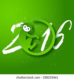 Cute New Year postcard with monkey symbol on green background, year of the monkey 2016 design, vector illustration