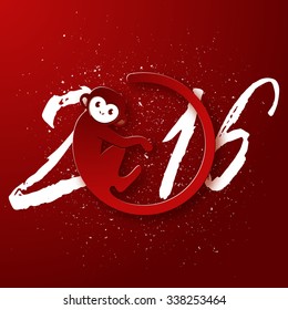 Cute New Year postcard with monkey symbol on red background, year of the monkey 2016 design, vector illustration