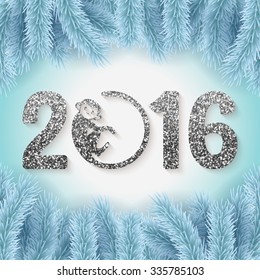 Cute New Year postcard with silver text and fir branches, year of the monkey, year 2016 design, vector illustration