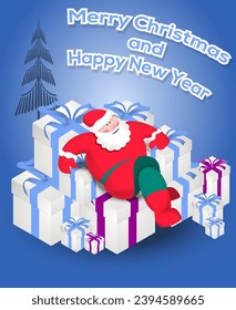 Cute New Year poster. Satisfied Santa Claus sits on boxes with gifts on a blue background with a coniferous tree and a congratulatory inscription. Author's work. Vector.