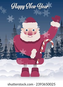 Cute New Year poster. A smiling Santa Claus waves his hand against the background of snowflakes, snowdrifts, pine forest, night sky and a congratulatory inscription. Vector.