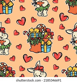 CUTE NEW YEAR RABBIT And Bunch Of Gifts Picture Cute Hare Girl Hugs Carrot Christmas Holiday Hearts Boxes And Sweets Christmas Cartoon Seamless Pattern Print