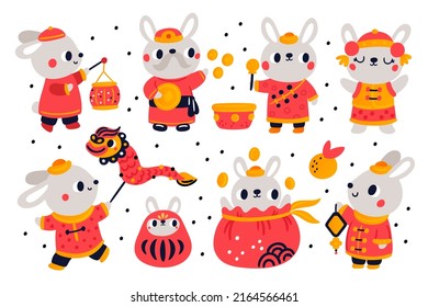 Cute New Year rabbits. Funny bunnies in traditional Chinese costumes. Holiday symbols. Asian culture. Zodiac characters. Prosperity talismans. Cartoon hares. Garish