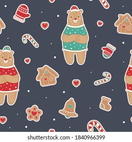 Cute new year seamless pattern with bear. Ginger man, house, lollipop, bell, felt boots. Printing on a postcard, clothes, packing paper, fabric. New Year. Merry Christmas. 2021