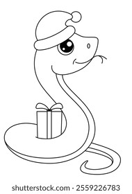 Cute New Year Snake With Gift Box, Symbol of 2025. Outline. Snake symbol of Chinese New Year - vector picture with animal for coloring