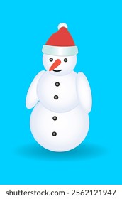 Cute New Year snowman in red Christmas hat  on a blue background. New Year and Christmas card. Vector illustration. Not generated by AI