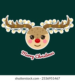 Cute New Year sticker with a deer with a red nose. Garlands on the horns. Merry Christmas. Vector illustration.