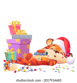 Cute New Year tiger cartoon character in Santa hat