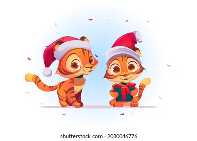 Caricatura de tigre de Año Nuevo con sombrero de Santa Claus con caja de regalo con patas y papel de confeti cayendo. Cachorro de animal gatito con presente, símbolo de zodiaco chino kawaii 2022, ilustración vectorial