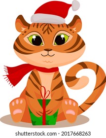 cute new year tiger cub with a gift and a santa hat on his head