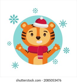 Un tigre adorable de Año Nuevo con sombrero y bufanda.