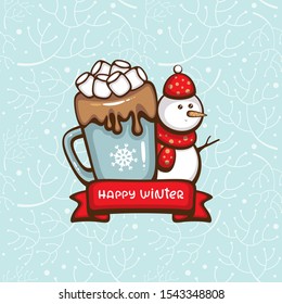 Cute new year vector greeting card. Cup of hot chocolate with marshmallow and funny snowman with "Happy winter" lettering.