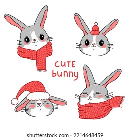 Cute New Year vector print. A set of funny faces of rabbits in red hats and scarves. Stylish freehand drawing.