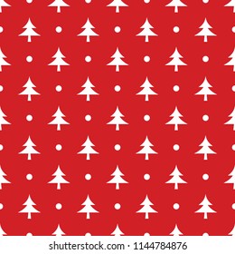Cute New Year vector seamless pattern with Christmas tree and snow in red and white colors
