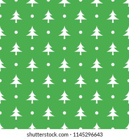 Cute New Year vector seamless pattern with Christmas tree and snow in green and white colors