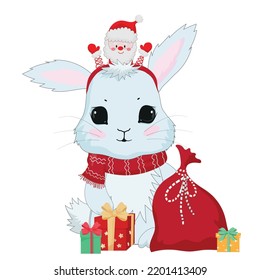 cute New Year's bunny with a Santa decoration on his head and with gifts