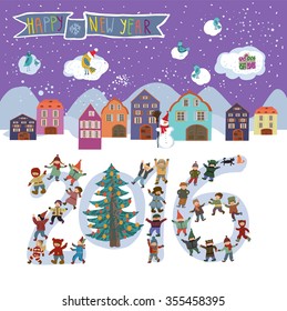 Cute New Year's card with small houses and children. 
