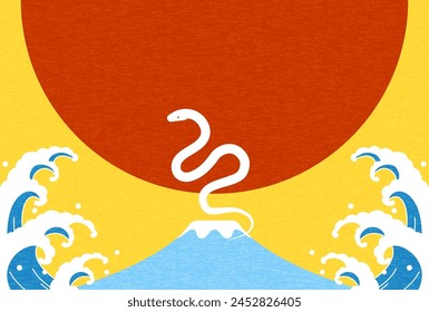 Cute New Year's card for the Year of the Snake 2025, white snake, Mt. Fuji, first sunrise and waves, Vector Illustration