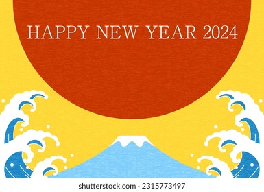 Cute New Year's cards without Chinese zodiac signs for 2024, Fuji, sunrise and waves, New Year's postcard material, Vector Illustration