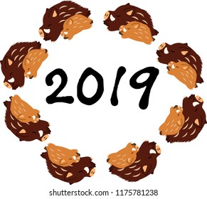 Cute New Year's Circle frame of wild boar