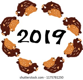 Cute New Year's Circle frame of wild boar