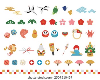 Cute New Year's decoration, icon, frame and background. Illustration of lucky charms. Japanese pattern.