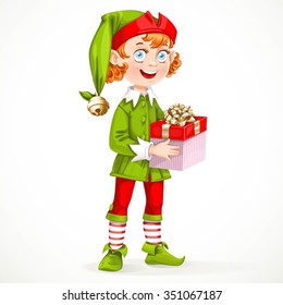 Cute New Year's elf Santa's assistant hold gift isolated on a white background