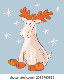 Cute New Year's elk sits funny. Orange deer antlers. Snowflakes are flying around. Something for cards, invitations, congratulations, fashion design, decoration.