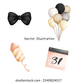 Cute New Years Eve Clipart, Aquarell New Year Clipart , Happy New Year, Celebration Clipart, festlich, Vektorgrafik.