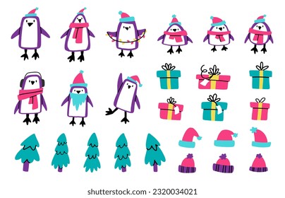 Cute New Year's Eve set with naive style illustrations. Funny penguins, Christmas hats, gift boxes and Christmas trees. Vector illustration Isolated on a white background.