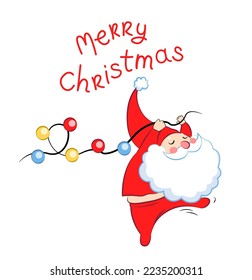 El bonito gnomo de Año Nuevo con traje rojo. Tarjeta de Navidad con el texto "Feliz Navidad". Impresión vectorial en estilo doodle.