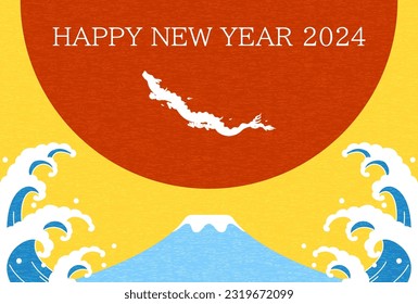 Cute New Year's greeting card for the year the dragon 2024  dragon  Fuji  the first sunrise   waves  New Year postcard material 