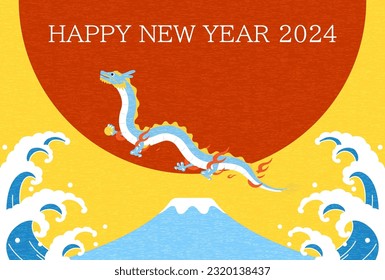Cute New Year's greeting card for the year the dragon 2024  dragon  Fuji  the first sunrise   waves  New Year postcard material 
