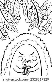 Cute New Year's hedgehog surrounded by Christmas tree branches. Postcard for Christmas and New Year. Hedgehog with a gift in its paws.