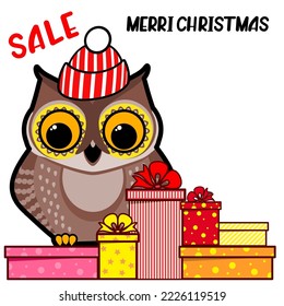 Cute New Year's owl in a striped hat sits on gifts. Christmas, New Year concept. Humorous cartoon vector illustration.