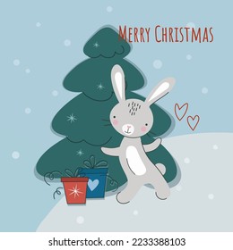 Cute New Year's rabbit near the Christmas tree with gifts. Chinese character for 2023. Symbol of the year. Vector cartoon. Cartoon flat style. Lettering Merry Christmas. Postcard, banner, poster.
