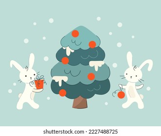 Cute New Year's rabbits decorate the Christmas tree. Bunny with a gift. Bunny with a Christmas ball. Chinese character for 2023. Vector cartoon. Flat style. Delicate blue background. Retro design.