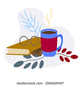 cute New Year's set of book, glasses, cup of delicious cocoa with cinnamon. Perfect for greeting cards and banners for New Year and Christmas.