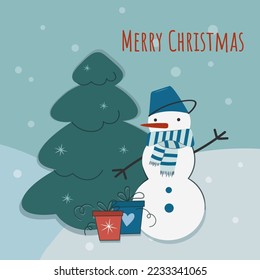 Cute New Year's snowman near the Christmas tree with gifts. 2023 Vector cartoon. Retro flat style. Lettering Merry Christmas. Postcard, banner. poster.