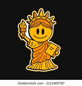 Cute New York Statue of Liberty with smile face print for t-shirt.Vector hand drawn doodle line cartoon character illustration. Statue of Liberty,New York print for t-shirt, poster,sticker concept