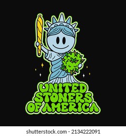 Cute New York Statue of Liberty with joint,weed bud print for t-shirt.Vector cartoon character illustration.Statue of Liberty,smiley,New York,weed,cannabis print for t-shirt,poster,sticker art concept