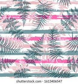 Cute new zealand fern frond and bracken grass overlaying stripes vector seamless pattern. Brazilian forest foliage summer fashion print. Geometric floral tropical leaves seamless.