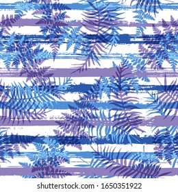 Cute new zealand fern frond and bracken grass overlapping stripes vector seamless pattern. Polynesian forest foliage swimwear textile print. Tropical leaves silhouettes wallpaper.