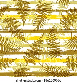 Cute new zealand fern frond and bracken grass over painted stripes seamless pattern design. Hawaiian forest foliage swimwear textile print. Geometric floral tropical leaves seamless.