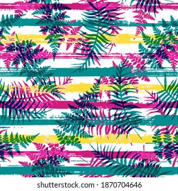 Cute new zealand fern frond and bracken grass overlaying stripes vector seamless pattern. South african jungle foliage swimwear textile print. Geometric floral tropical leaves seamless.